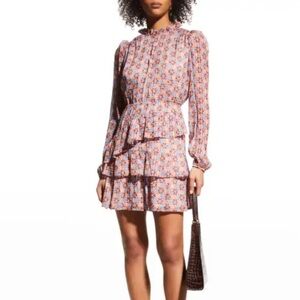 Marie Oliver Alana Dress, Kaleido Silk Blend Long Puff Sleeves Ruffle Tiered